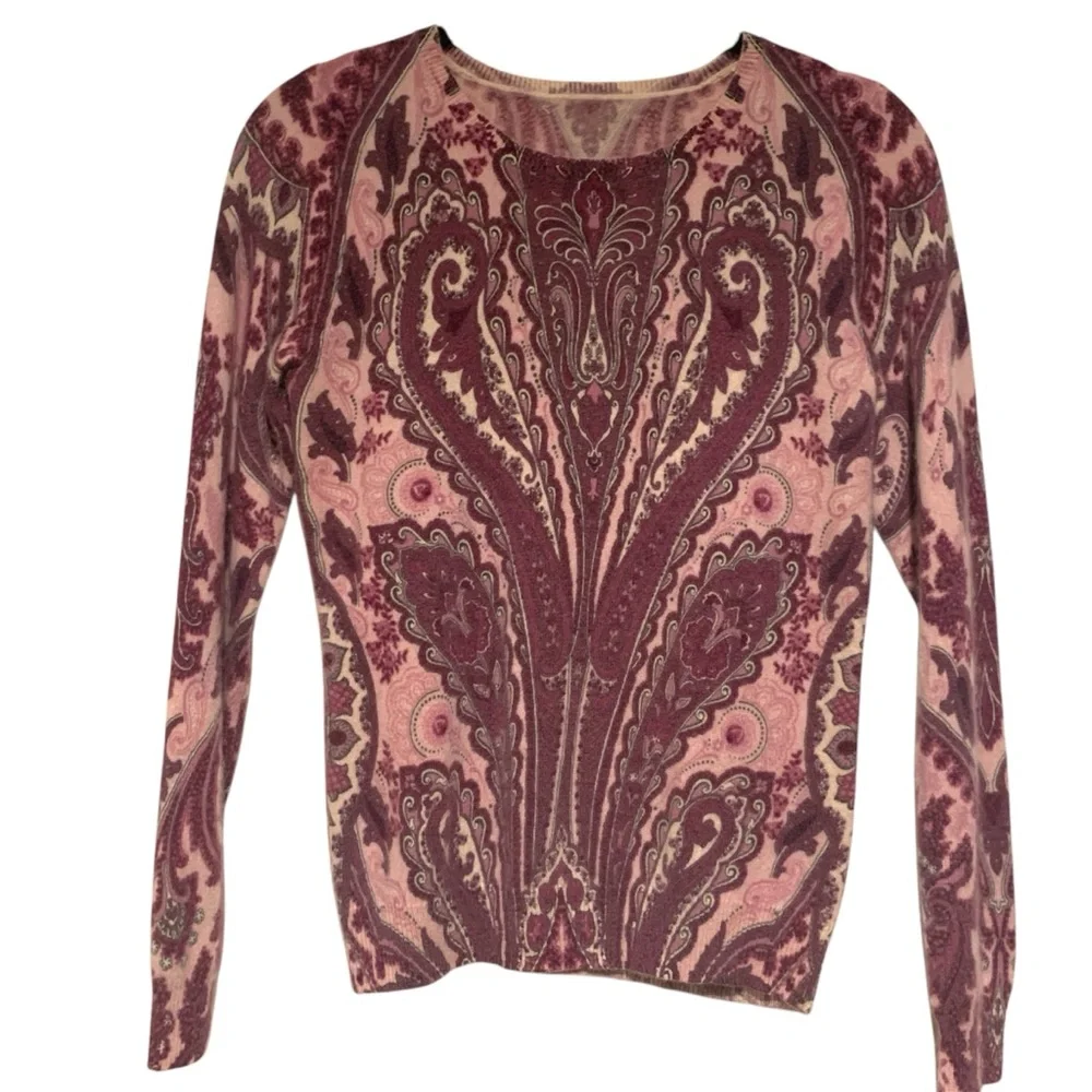 Classic Paisley Cashmere Round Neck Long Sleeve Pullover Sweater Rose Wine XS-S - Picture 2 of 14